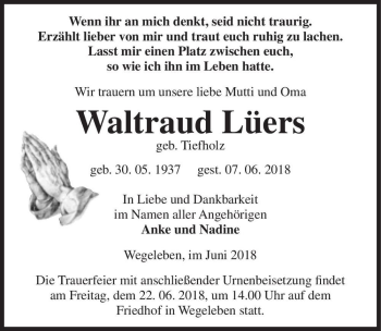 Traueranzeige von Waltraud Lüers (geb. Tiefholz)  von Magdeburger Volksstimme