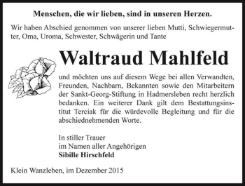 Traueranzeige von Waltraud Mahlfeld  von Magdeburger Volksstimme