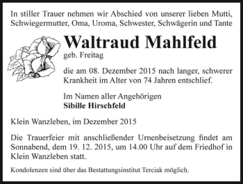 Traueranzeige von Waltraud Mahlfeld (geb. Freitag)  von Magdeburger Volksstimme
