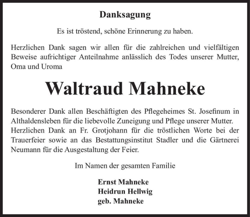  Traueranzeige für Waltraud Mahneke  vom 25.08.2021 aus Magdeburger Volksstimme