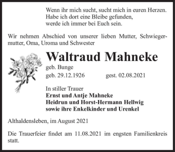 Traueranzeige von Waltraud Mahneke (geb. Bunge)  von Magdeburger Volksstimme