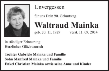 Traueranzeige von Waltraud Mainka  von Magdeburger Volksstimme