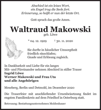 Traueranzeige von Waltraud Makowski (geb. Löwe)  von Magdeburger Volksstimme