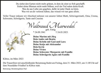 Traueranzeige von Waltraud Marwedel (geb. Fettig)  von Magdeburger Volksstimme