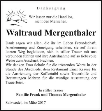 Traueranzeige von Waltraud Mergenthaler  von Magdeburger Volksstimme