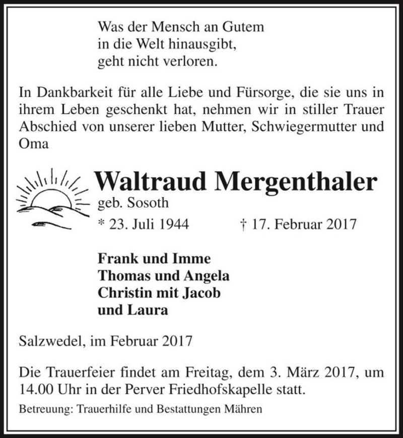  Traueranzeige für Waltraud Mergenthaler (geb. Sosoth)  vom 21.02.2017 aus Magdeburger Volksstimme