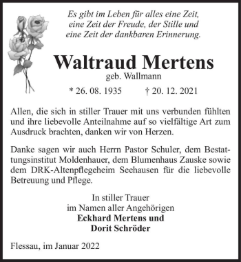 Traueranzeige von Waltraud Mertens (geb. Wallmann)  von Magdeburger Volksstimme