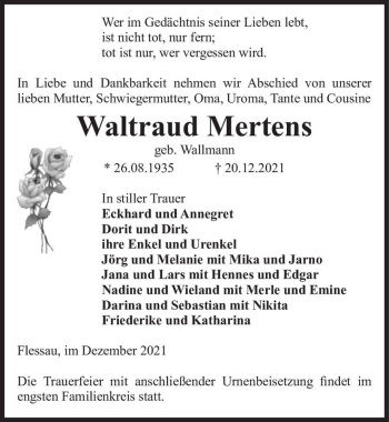 Traueranzeige von Waltraud Mertens (geb. Wallmann)  von Magdeburger Volksstimme