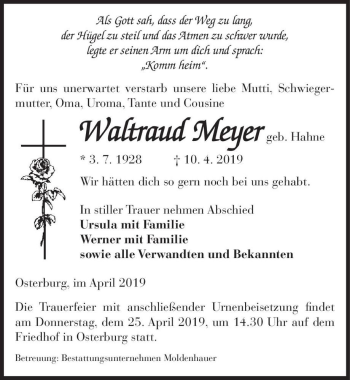 Traueranzeige von Waltraud Meyer (geb. Hahne)  von Magdeburger Volksstimme