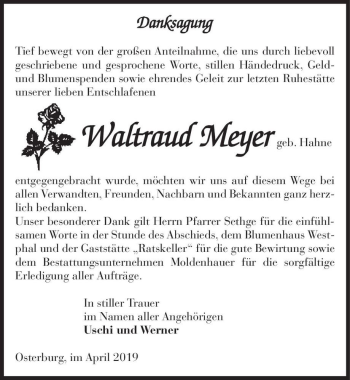 Traueranzeige von Waltraud Meyer (geb. Hahne)  von Magdeburger Volksstimme