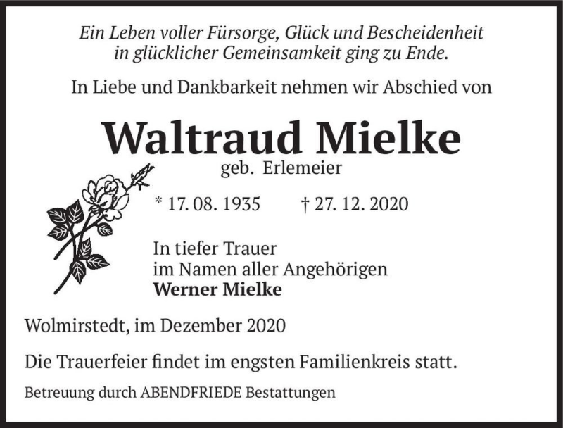  Traueranzeige für Waltraud Mielke (geb. Erlemeier)  vom 02.01.2021 aus Magdeburger Volksstimme