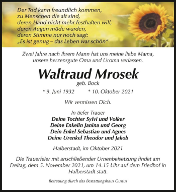 Traueranzeige von Waltraud Mrosek (geb. Bock)  von Magdeburger Volksstimme