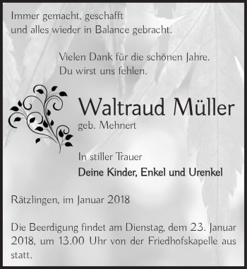 Traueranzeige von Waltraud Müller (geb. Mehnert)  von Magdeburger Volksstimme