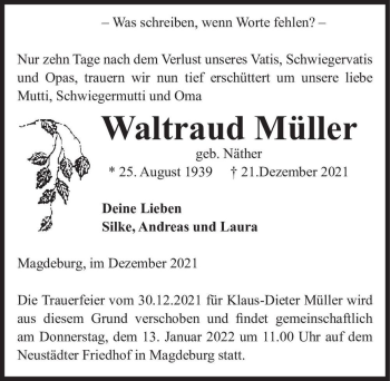 Traueranzeige von Waltraud Müller (geb. Näther)  von Magdeburger Volksstimme