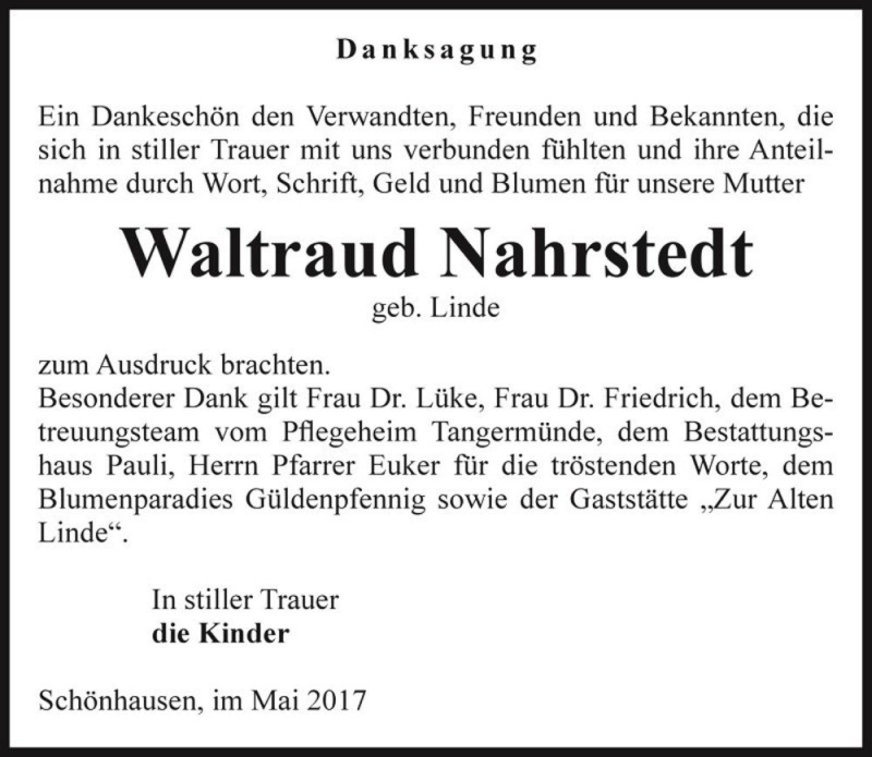 Traueranzeige für Waltraud Nahrstedt (geb. Linde)  vom 05.05.2017 aus Magdeburger Volksstimme