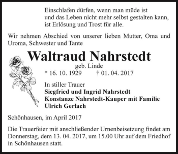 Traueranzeige von Waltraud Nahrstedt (geb. Linde)  von Magdeburger Volksstimme