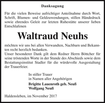 Traueranzeige von Waltraud Neuhs  von Magdeburger Volksstimme
