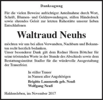 Traueranzeige von Waltraud Neuhs  von Magdeburger Volksstimme