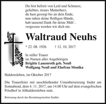 Traueranzeige von Waltraud Neuhs  von Magdeburger Volksstimme