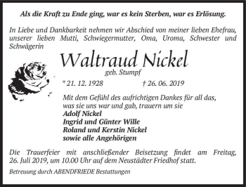 Traueranzeige von Waltraud Nickel (geb. Stumpf)  von Magdeburger Volksstimme