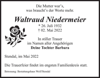 Traueranzeige von Waltraud Niedermeier  von Magdeburger Volksstimme
