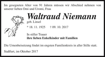Traueranzeige von Waltraud Niemann (geb. Linsel)  von Magdeburger Volksstimme