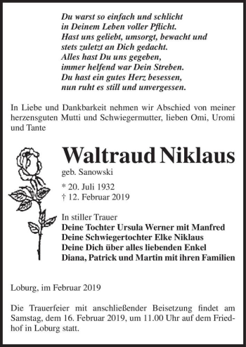 Traueranzeige von Waltraud Niklaus (geb. Sanowski)  von Magdeburger Volksstimme