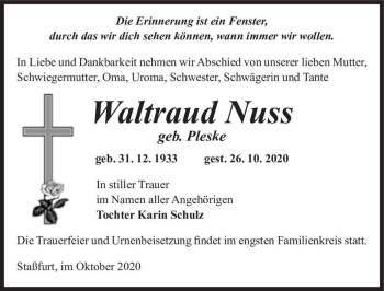 Traueranzeige von Waltraud Nuss (geb. Pleske)  von Magdeburger Volksstimme