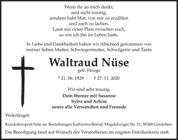 Traueranzeige von Waltraud Nüse (geb. Hooge)  von Magdeburger Volksstimme