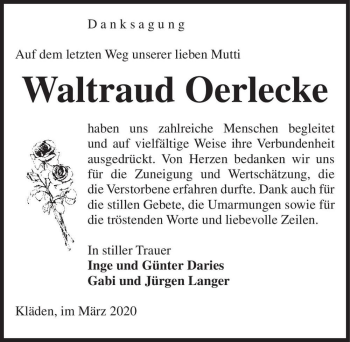 Traueranzeige von Waltraud Oerlecke  von Magdeburger Volksstimme