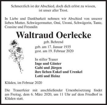 Traueranzeige von Waltraud Oerlecke (geb. Behrend)  von Magdeburger Volksstimme