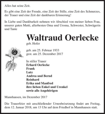 Traueranzeige von Waltraud Oerlecke (geb. Hofer)  von Magdeburger Volksstimme