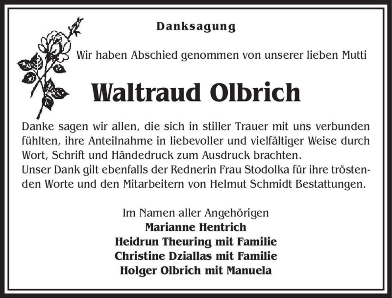  Traueranzeige für Waltraud Olbrich  vom 18.08.2018 aus Magdeburger Volksstimme