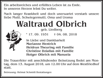 Traueranzeige von Waltraud Olbrich (geb. Liedberg)  von Magdeburger Volksstimme