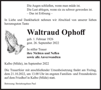 Traueranzeige von Waltraud Ophoff  von Magdeburger Volksstimme