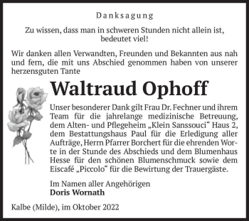 Traueranzeige von Waltraud Ophoff  von Magdeburger Volksstimme