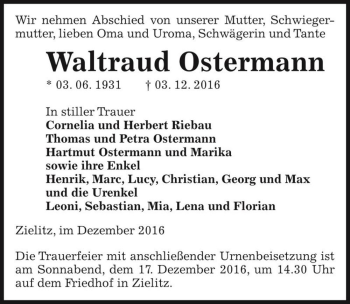 Traueranzeige von Waltraud Ostermann  von Magdeburger Volksstimme