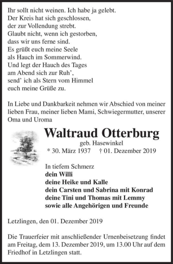 Traueranzeige von Waltraud Otterburg (geb. Hasewinkel)  von Magdeburger Volksstimme