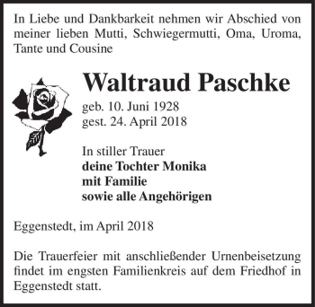Traueranzeige von Waltraud Paschke  von Magdeburger Volksstimme