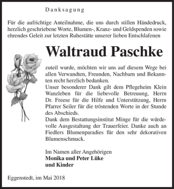 Traueranzeige von Waltraud Paschke  von Magdeburger Volksstimme