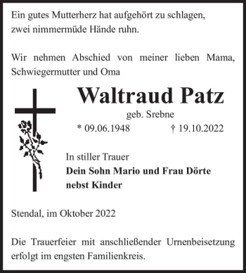 Traueranzeige von Waltraud Patz (geb. Srebne)  von Magdeburger Volksstimme