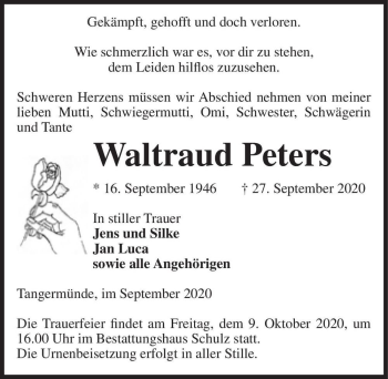 Traueranzeige von Waltraud Peters  von Magdeburger Volksstimme
