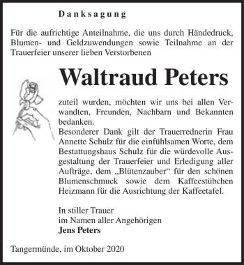 Traueranzeige von Waltraud Peters  von Magdeburger Volksstimme