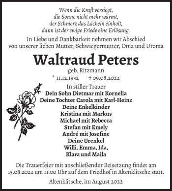 Traueranzeige von Waltraud Peters (geb. Ritzmann)  von Magdeburger Volksstimme