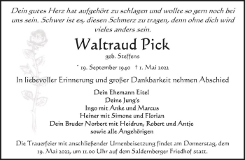 Traueranzeige von Waltraud Pick (geb. Steffens)  von Magdeburger Volksstimme