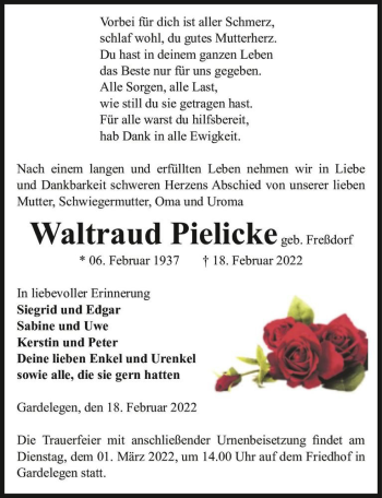 Traueranzeige von Waltraud Pielicke (geb. Freßdorf)  von Magdeburger Volksstimme