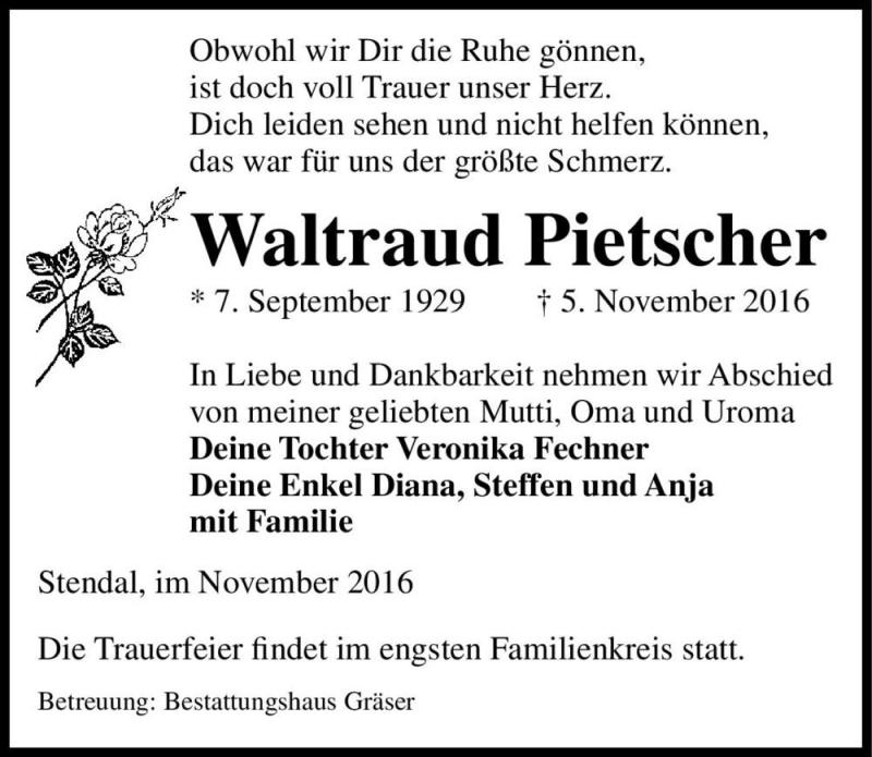  Traueranzeige für Waltraud Pietscher  vom 09.11.2016 aus Magdeburger Volksstimme