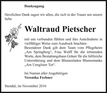 Traueranzeige von Waltraud Pietscher  von Magdeburger Volksstimme