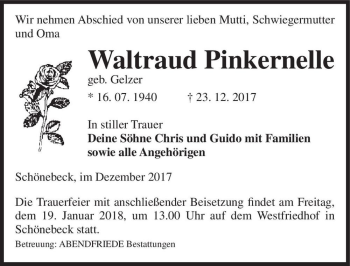 Traueranzeige von Waltraud Pinkernelle (geb. Gelzer)  von Magdeburger Volksstimme