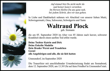 Traueranzeige von Waltraud Plock (geb. Siemann)  von Magdeburger Volksstimme